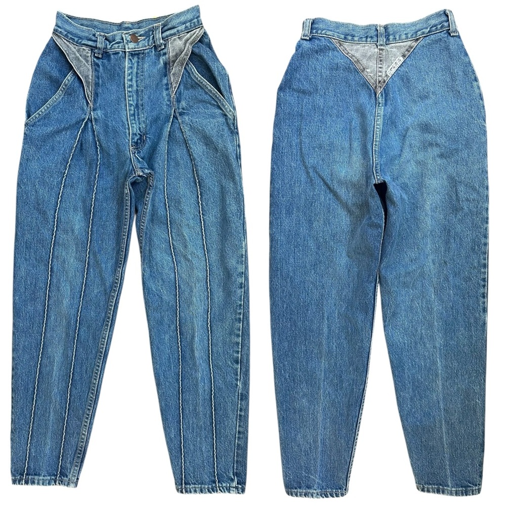 Vintage 80s 90s Denim Gray Panels Taper Leg Front Pipe Western Jeans 21.5” waist
